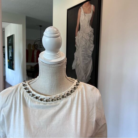 Moncler Cream Short Sleeve Top with Embellished Neckline - Picture 3 of 6